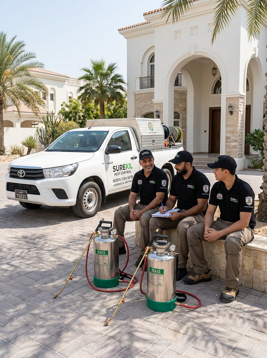 SureKil certified technicians with B&G precision spray applicators on site in Doha